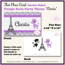 Load image into Gallery viewer, Purple Paris Birthday Favor Party Card Tent Place Food Tag France French Boogie Bear Invitations Clarita Theme