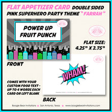 Load image into Gallery viewer, Pink Superhero Birthday Favor Party Card Tent Place Food Tag Super Hero City Retro Girl Boogie Bear Invitations Farrah Theme
