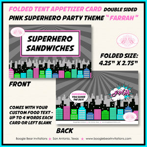 Pink Superhero Birthday Favor Party Card Tent Place Food Tag Super Hero City Retro Girl Boogie Bear Invitations Farrah Theme