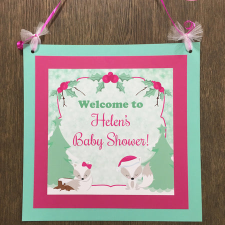 Woodland Winter Fox Baby Shower Door Banner Birthday Party Christmas Girl Pink Boogie Bear Invitations Helen Theme