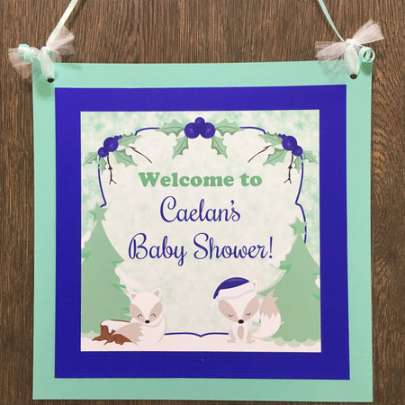 Blue Winter Fox Baby Shower Door Banner Birthday Party Boy Blue Woodland Boogie Bear Invitations Caelan Theme