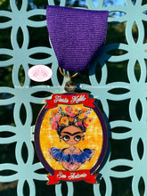 Load image into Gallery viewer, 2020 Fiesta Medal Boogie Bear Invitations Fiesta Kahlo Frida Commemoration Appreciation Gold Purple San Antonio Cinco de Mayo Glitter Pin