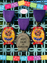 Load image into Gallery viewer, 2020 Fiesta Medal Boogie Bear Invitations Fiesta Kahlo Frida Commemoration Appreciation Gold Purple San Antonio Cinco de Mayo Glitter Pin
