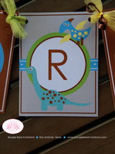 Load image into Gallery viewer, Blue Dinosaur Baby Shower Party Banner Little Boy Girl Brown Congratulations Dino Retro Boogie Bear Invitations Melissa Theme