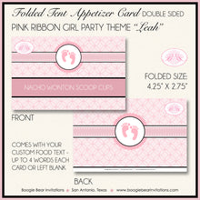 Load image into Gallery viewer, Pink Ribbon Baby Shower Party Favor Card Tent Food Place Folded Appetizer Footprints Girl Boogie Bear Invitations Leah Theme