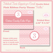 Load image into Gallery viewer, Pink Ribbon Birthday Party Favor Card Appetizer Food Place Sign Label Elegant Girl Boogie Bear Invitations Stella Theme