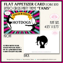 Load image into Gallery viewer, Circus Showman Favor Party Card Place Tent Appetizer Food Label Pink Birthday Big Top Boogie Bear Invitations Tanis Theme