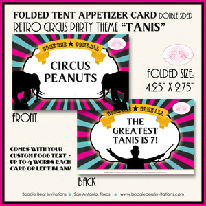 Circus Showman Favor Party Card Place Tent Appetizer Food Label Pink Birthday Big Top Boogie Bear Invitations Tanis Theme