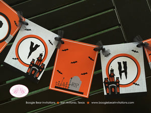 Haunted House Happy Halloween Party Banner Full Moon Haunting Orange Fall Bats Black Bat Graveyard Boogie Bear Invitations Hitchcock Theme