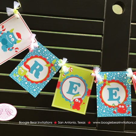 Christmas Monsters Birthday Name Banner Party Winter Holiday Boy Girl Red Green 1st 2nd 3rd 4th 5th 6th Boogie Bear Invitations Reese Theme
