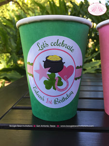Lucky Charm Birthday Party Beverage Cups Paper Drink Girl Pink Green St. Patrick's Day Shamrock Clover Boogie Bear Invitations Eileen Theme