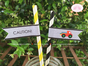 Construction Vehicles Birthday Party Straws Paper Pennant Beverage Drink Yellow Black Caution Truck Boogie Bear Invitations Russell Theme