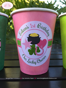 Lucky Charm Birthday Party Beverage Cups Paper Drink Girl Pink Green St. Patrick's Day Shamrock Clover Boogie Bear Invitations Eileen Theme