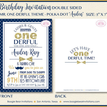 Mr. Wonderful Birthday Party Invitation Bow Tie Little Man Blue Gold ONE 1st Boogie Bear Invitations Auden Theme Paperless Printable Printed