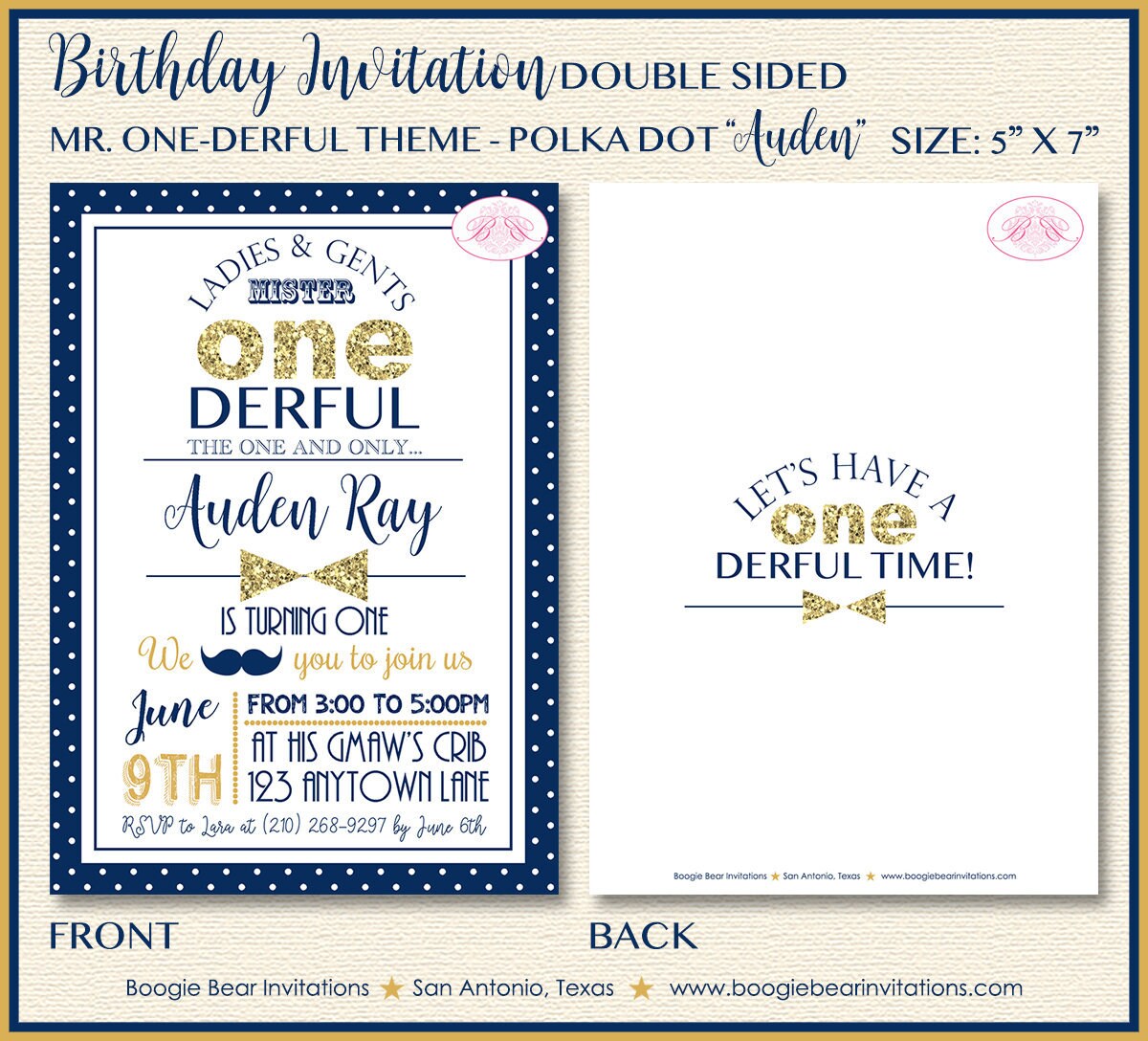 Mr. Wonderful Birthday Party Invitation Bow Tie Little Man Blue Gold ONE 1st Boogie Bear Invitations Auden Theme Paperless Printable Printed