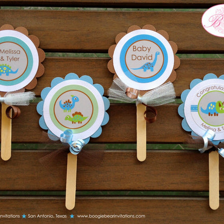 Blue Dinosaur Baby Shower Cupcake Toppers Set Boy Green Yellow Grey Dino Birthday Party Prehistoric Boogie Bear Invitations Melissa Theme