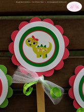 Load image into Gallery viewer, Pink Dinosaur Birthday Party Package Happy Little Dino Door Banner Cupcake Toppers Green Prehistoric Boogie Bear Invitations Claudia Theme