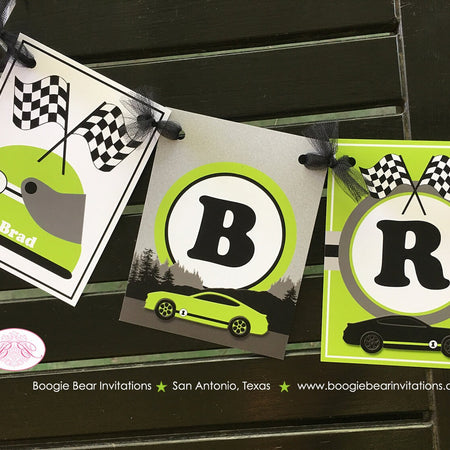 Race Car Birthday Party Name Banner Boy Girl Lime Green Black Grey 1st 2nd 3rd 4th 5th 6th 7th 8th 9th Boogie Bear Invitations Brad Theme