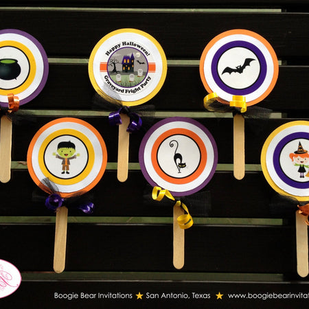 Halloween Kids Party Cupcake Toppers Graveyard Witch Black Cat Bat Haunted House Frankenstein Witch Boogie Bear Invitations Raven Lee Theme