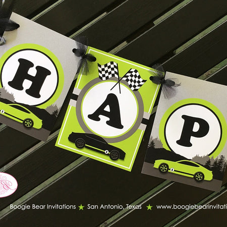 Race Car Happy Birthday Party Banner Lime Green Boy Girl Black Grey 1st 2nd 3rd 4th 5th 6th 7th 8th 9th Boogie Bear Invitations Brad Theme