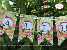 Load image into Gallery viewer, Tropical Paradise Party Pennant Cake Banner Topper Birthday Girl Flamingo Toucan Pineapple Pink Green Boogie Bear Invitations Tallulah Theme