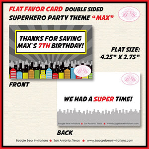 Superhero Birthday Party Favor Card Tent Appetizer Food Place Super Hero Cityscape Skyline Retro Boy Girl Boogie Bear Invitations Max Theme