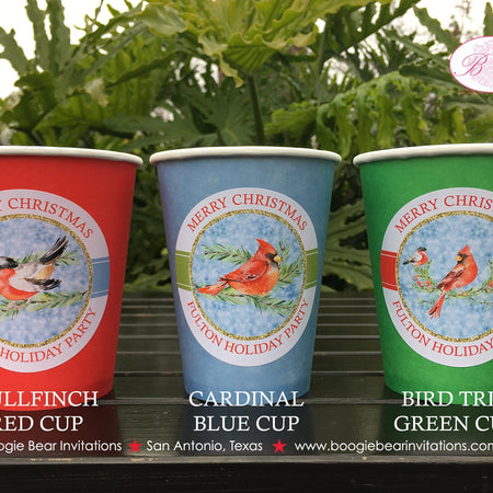 Red Cardinal Bird Winter Party Beverage Cups Paper Drink Girl Boy Green Forest Christmas Cheer Birthday Boogie Bear Invitations Fulton Theme