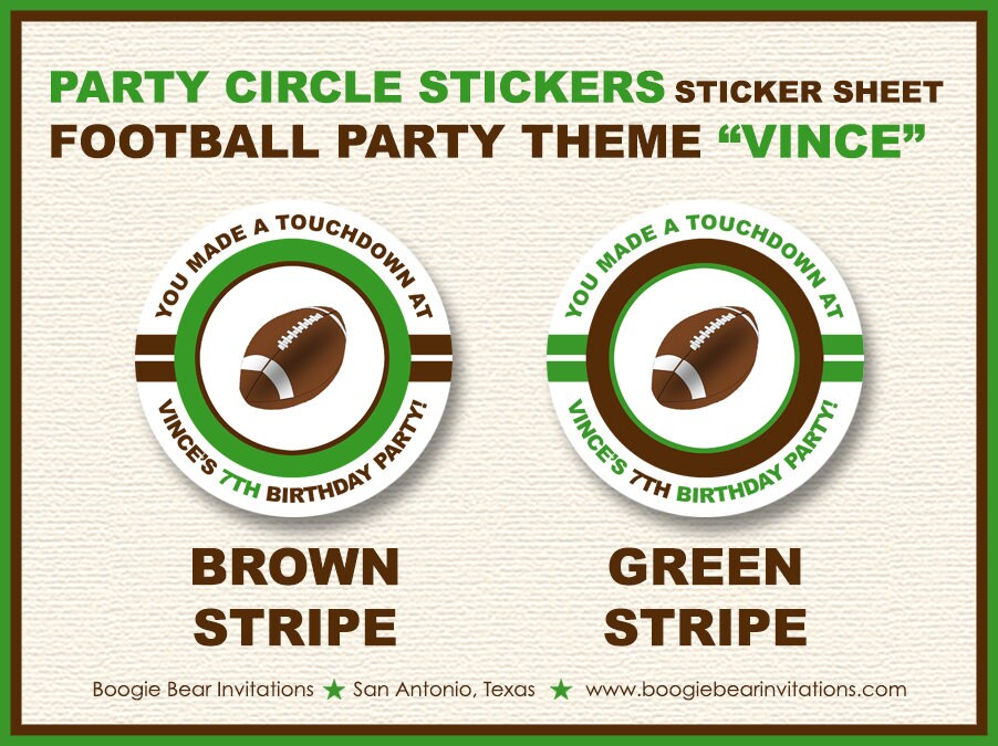 Football Birthday Party Stickers Circle Sheet Round Boy Girl Sports Game Foot Ball Boy Girl Boogie Bear Invitations Vince Theme