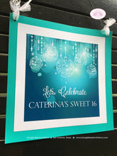 Load image into Gallery viewer, Blue Glowing Ornaments Door Banner Birthday Party Sweet 16 Teal Aqua Turquoise Glow Elegant Chirstmas Boogie Bear Invitations Caterina Theme