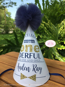 Mr. Wonderful Birthday Party Hat Onederful Boy Little Man Glitter Modern Gold Blue ONE derful Ribbon 1st Boogie Bear Invitations Auden Theme