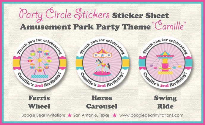 Amusement Park Birthday Party Stickers Circle Sheet Round Pink Girl Carousel Ferris Wheel Carnival Tag Boogie Bear Invitations Camille Theme
