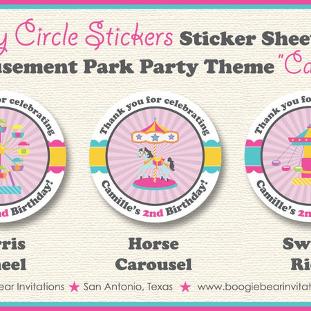 Amusement Park Birthday Party Stickers Circle Sheet Round Pink Girl Carousel Ferris Wheel Carnival Tag Boogie Bear Invitations Camille Theme