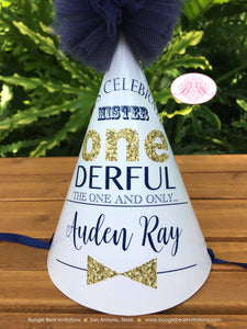 Mr. Wonderful Birthday Party Hat Onederful Boy Little Man Glitter Modern Gold Blue ONE derful Ribbon 1st Boogie Bear Invitations Auden Theme