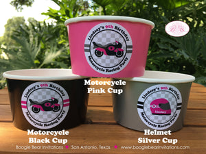 Motorcycle Birthday Party Treat Cups Candy Buffet Appetizer Food Pink Black Racing Girl Motocross Race Boogie Bear Invitations Lindsey Theme