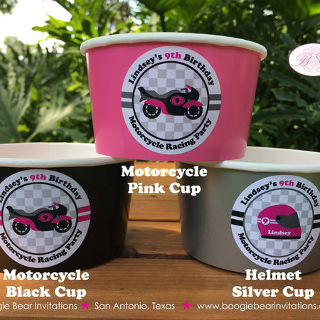 Motorcycle Birthday Party Treat Cups Candy Buffet Appetizer Food Pink Black Racing Girl Motocross Race Boogie Bear Invitations Lindsey Theme