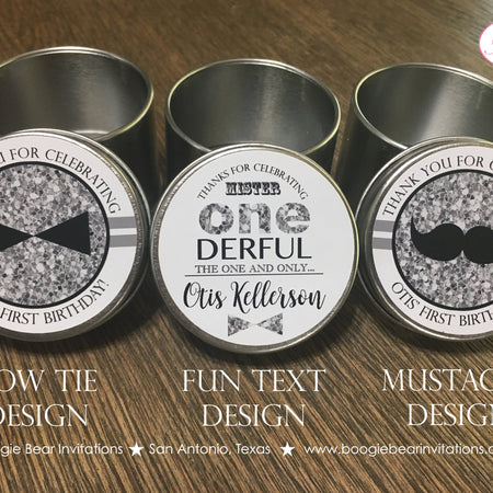 Mr Wonderful Birthday Party Treat Favor Tins Circle Candy Bow Tie Mustache Boy Onederful Black Silver 1st Boogie Bear Invitations Otis Theme