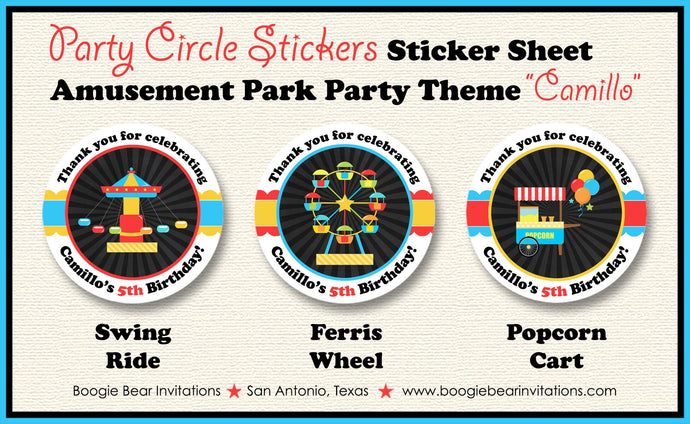 Amusement Park Birthday Party Stickers Circle Sheet Round Carnival Carousel Swing Ride Circus Boy Girl Boogie Bear Invitations Camillo Theme