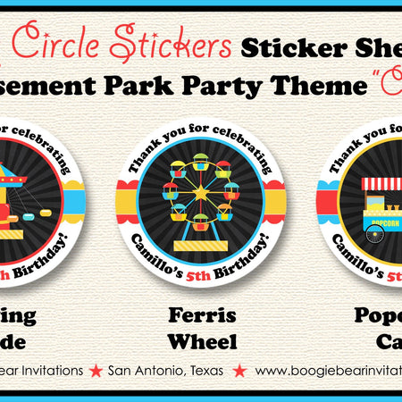 Amusement Park Birthday Party Stickers Circle Sheet Round Carnival Carousel Swing Ride Circus Boy Girl Boogie Bear Invitations Camillo Theme