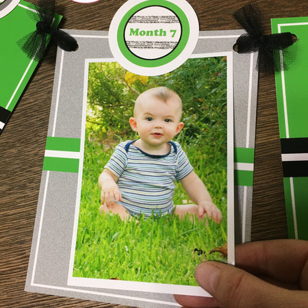 Dirt Bike Photo Timeline Banner Happy 1st Birthday Green Black Grey Gray Silver White Helmet Racing Boogie Bear Invitations Dwayne Theme