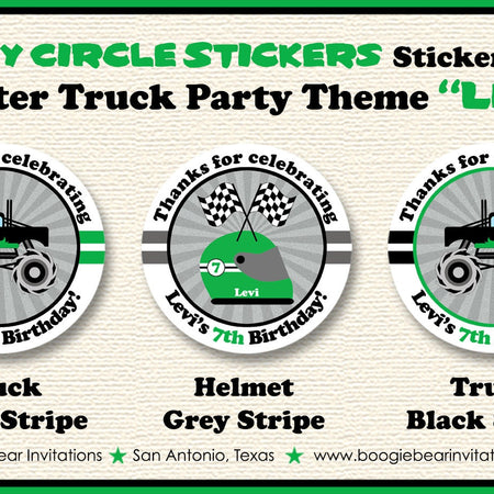 Monster Truck Birthday Party Stickers Circle Sheet Round Green Black Smash Up Show Demo Arena Race Racing Boogie Bear Invitations Levi Theme