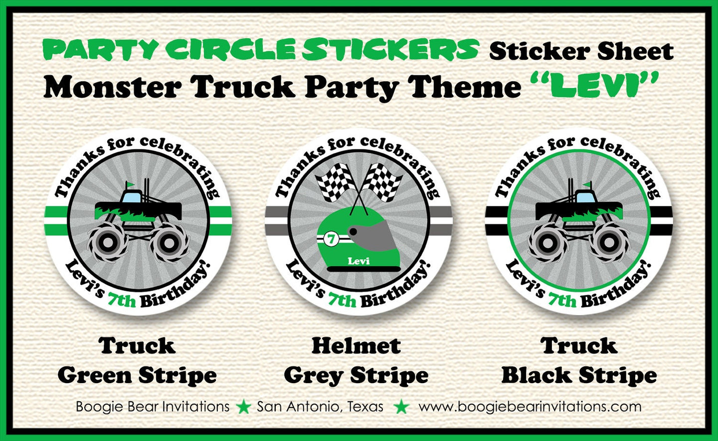 Monster Truck Birthday Party Stickers Circle Sheet Round Green Black Smash Up Show Demo Arena Race Racing Boogie Bear Invitations Levi Theme