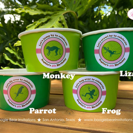 Rainforest Birthday Party Treat Cups Candy Rain Forest Reptile Pink Green Bird Monkey Frog Jungle Girl Boogie Bear Invitations Sophia Theme