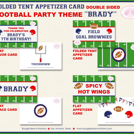 Football Birthday Party Favor Card Tent Appetizer Place Favor Sports Quarterback Game Red Blue Boogie Bear Invitations Brady Theme Printed