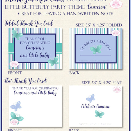 Butterfly Gender Neutral Baby Shower Party Thank You Cards Note Reveal Fly Green Blue Boy Girl Boogie Bear Invitations Cameron Theme Printed