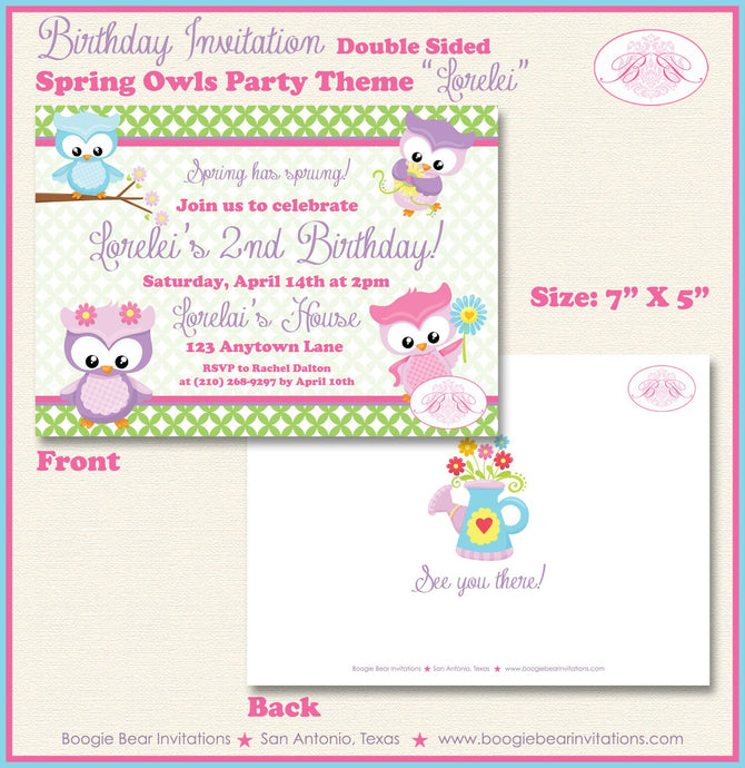 Spring Owls Birthday Party Invitation Easter Grow Flower Garden Girl Pink Boogie Bear Invitations Lorelei Theme Paperless Printable Printed