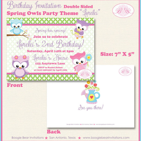 Spring Owls Birthday Party Invitation Easter Grow Flower Garden Girl Pink Boogie Bear Invitations Lorelei Theme Paperless Printable Printed