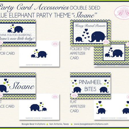 Blue Elephant Baby Shower Favor Card Tent Place Appetizer Food Sign Label Tag Navy Lime Green Boogie Bear Invitations Sloane Theme Printed