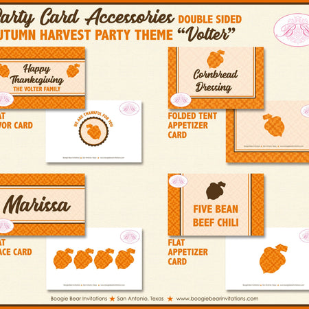 Thanksgiving Dinner Party Favor Card Tent Appetizer Place Food Autumn Fall Harvest Brown Orange Retro Boogie Bear Invitations Volter Theme