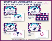 Load image into Gallery viewer, Horse Racing Birthday Party Favor Card Tent Appetizer Place Sign Pink Blue Kentucky Derby Jockey Track Boogie Bear Invitations Gabby Theme