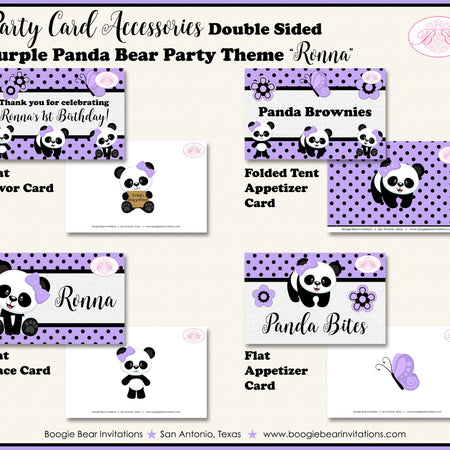 Purple Panda Bear Birthday Party Favor Card Tent Appetizer Place Girl Black Butterfly Flower Zoo Animals Boogie Bear Invitations Ronna Theme